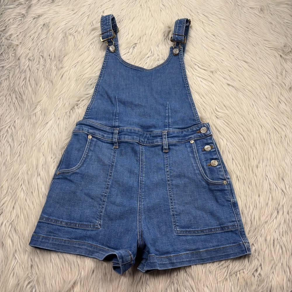 $249 7 For All Mankind Women's M Medium Wash Scoop-Neck Denim Shortalls Overalls